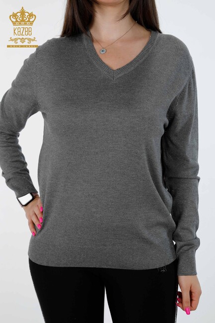 Women's Knitwear Glitter Transition Viscose V Neck Long Sleeve Anthracite - 15316 | KAZEE - Thumbnail