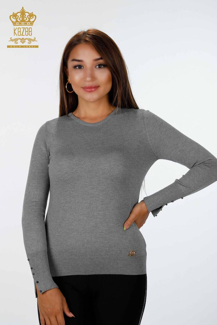 Womens Knitwear Cuff-Button Detailed Crew Neck Gray - 14337 | KAZEE