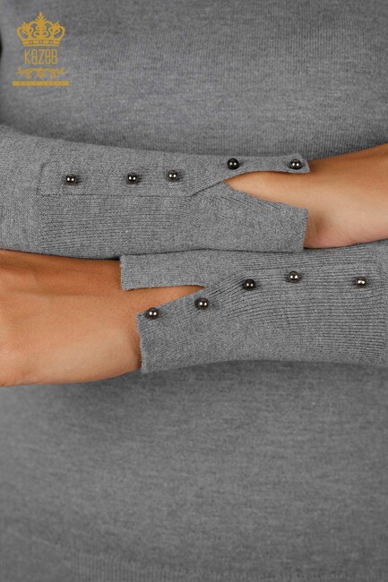 Womens Knitwear Cuff-Button Detailed Crew Neck Gray - 14337 | KAZEE - Thumbnail