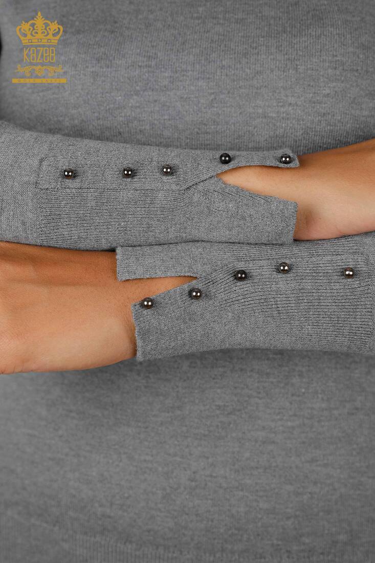 Womens Knitwear Cuff-Button Detailed Crew Neck Gray - 14337 | KAZEE