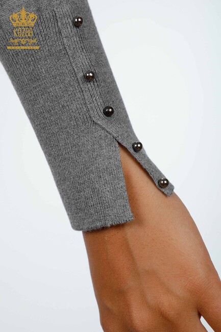 Womens Knitwear Cuff-Button Detailed Crew Neck Gray - 14337 | KAZEE - Thumbnail