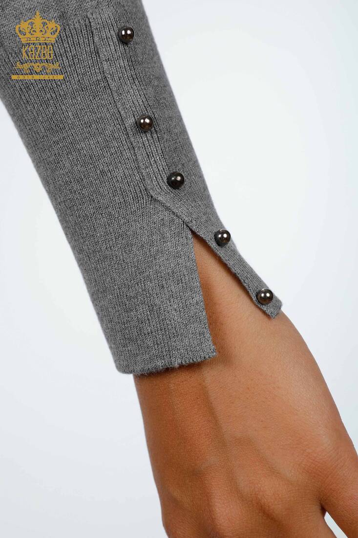 Womens Knitwear Cuff-Button Detailed Crew Neck Gray - 14337 | KAZEE