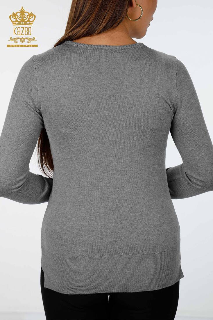 Womens Knitwear Cuff-Button Detailed Crew Neck Gray - 14337 | KAZEE