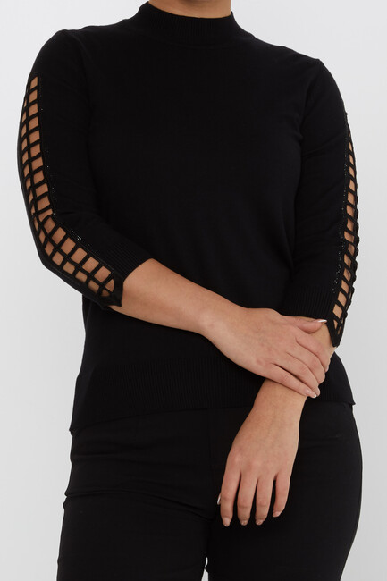 Women's Knitwear Sleeve Detailed Stoned Black - 31245 | KAZEE - Thumbnail