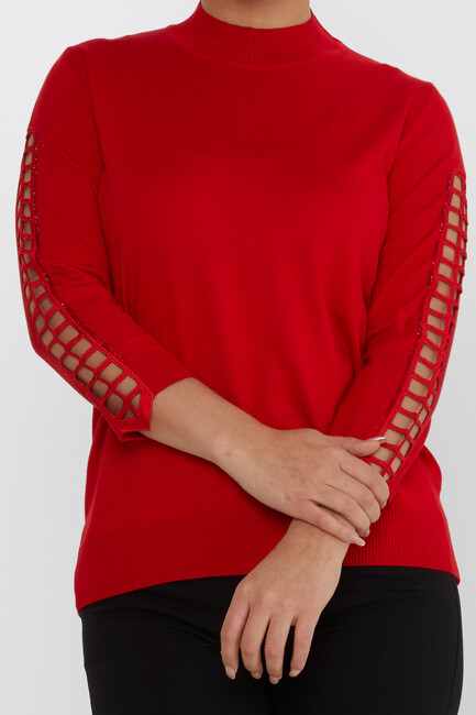 Women's Knitwear Sleeve Detailed Stoned Red - 31245 | KAZEE - Thumbnail