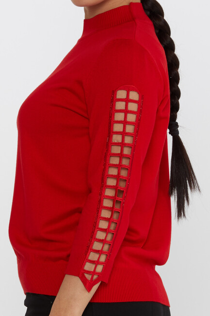 Women's Knitwear Sleeve Detailed Stoned Red - 31245 | KAZEE - Thumbnail