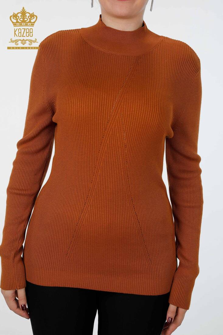 Women's Knitwear Sleeve Detailed Long Sleeve Basic Stand Collar Tan - 16248 | KAZEE