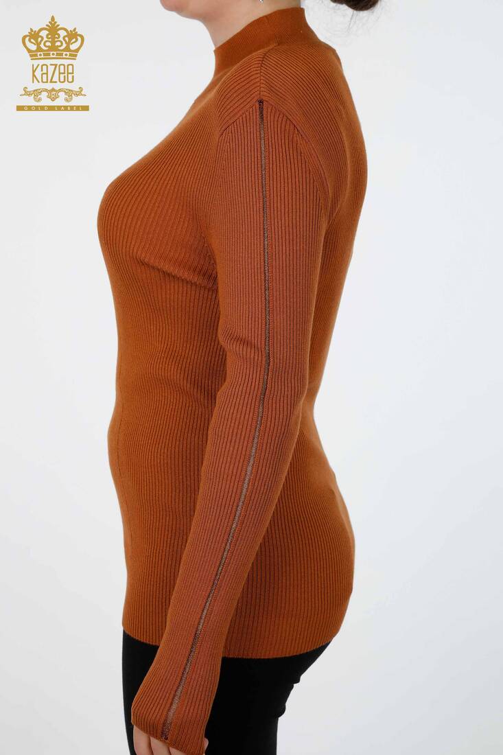 Women's Knitwear Sleeve Detailed Long Sleeve Basic Stand Collar Tan - 16248 | KAZEE