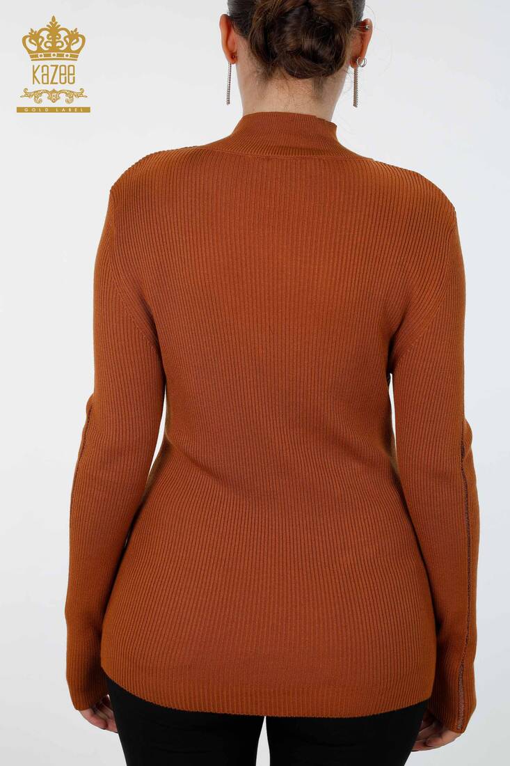 Women's Knitwear Sleeve Detailed Long Sleeve Basic Stand Collar Tan - 16248 | KAZEE