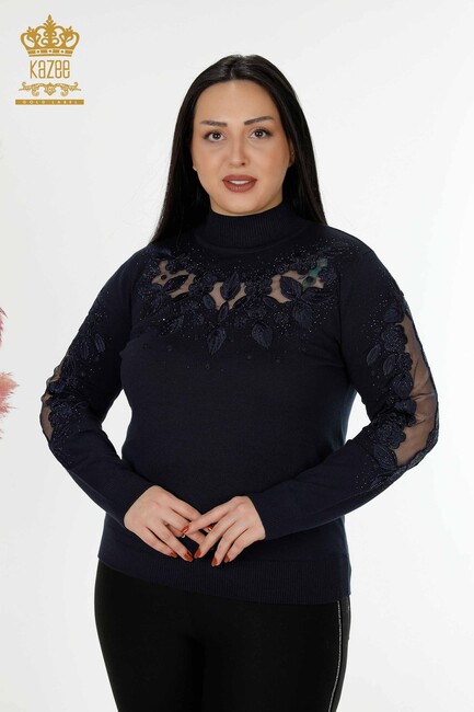 Women's Knitwear Sleeve Detailed Navy - 30123 | KAZEE - Thumbnail