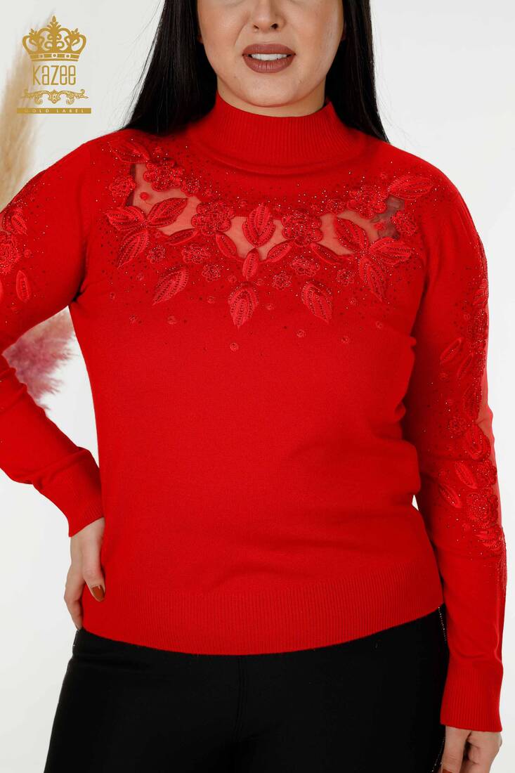 Women's Knitwear Sleeve Detailed Red - 30123 | KAZEE