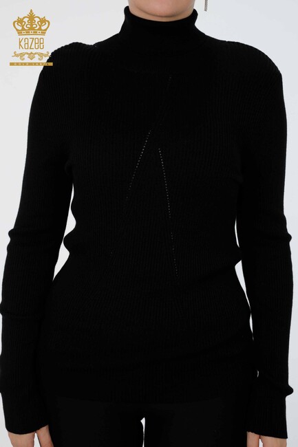 Womens Knitwear Arm Hole Detailed Turtleneck Striped Black - 16241 | KAZEE - Thumbnail