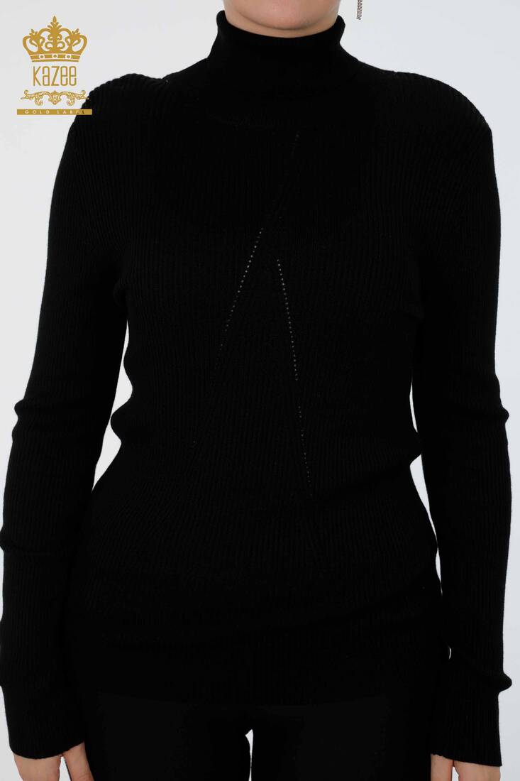 Womens Knitwear Arm Hole Detailed Turtleneck Striped Black - 16241 | KAZEE