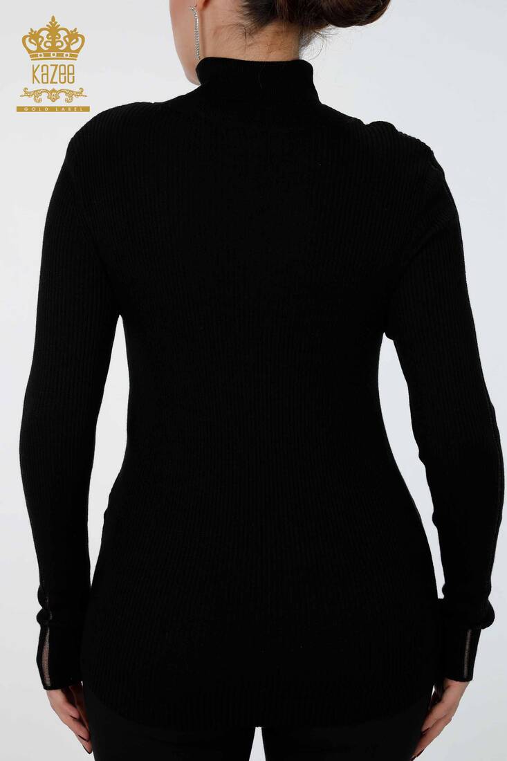 Womens Knitwear Arm Hole Detailed Turtleneck Striped Black - 16241 | KAZEE