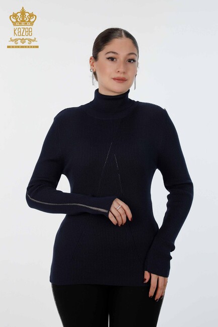 Womens Knitwear Arm Hole Detailed Turtleneck Striped Navy - 16241 | KAZEE - Thumbnail