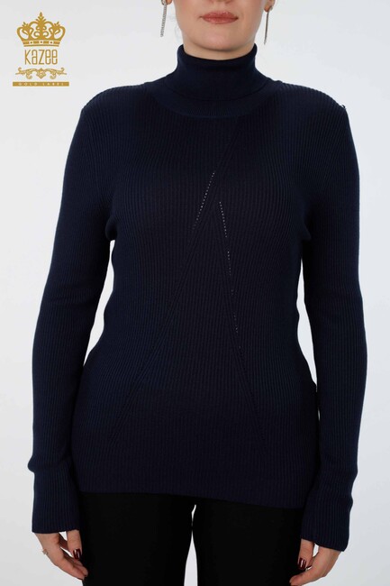 Womens Knitwear Arm Hole Detailed Turtleneck Striped Navy - 16241 | KAZEE - Thumbnail