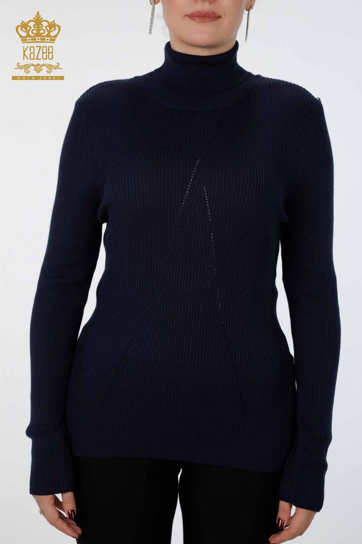 Womens Knitwear Arm Hole Detailed Turtleneck Striped Navy - 16241 | KAZEE