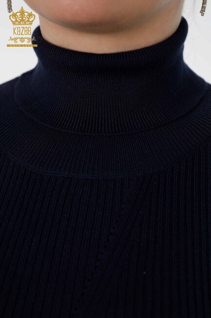 Womens Knitwear Arm Hole Detailed Turtleneck Striped Navy - 16241 | KAZEE - Thumbnail