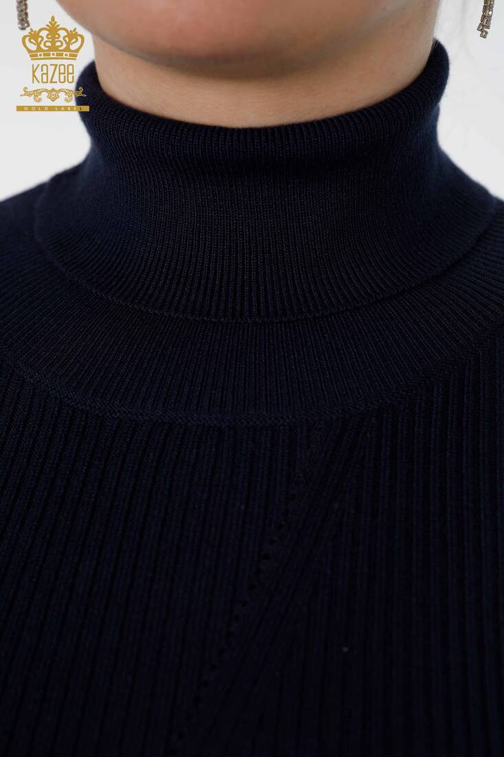 Womens Knitwear Arm Hole Detailed Turtleneck Striped Navy - 16241 | KAZEE