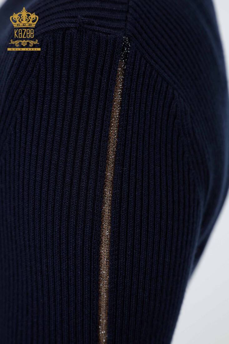 Womens Knitwear Arm Hole Detailed Turtleneck Striped Navy - 16241 | KAZEE