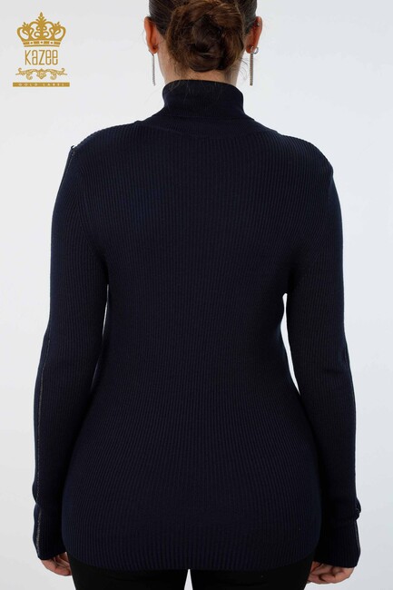 Womens Knitwear Arm Hole Detailed Turtleneck Striped Navy - 16241 | KAZEE - Thumbnail