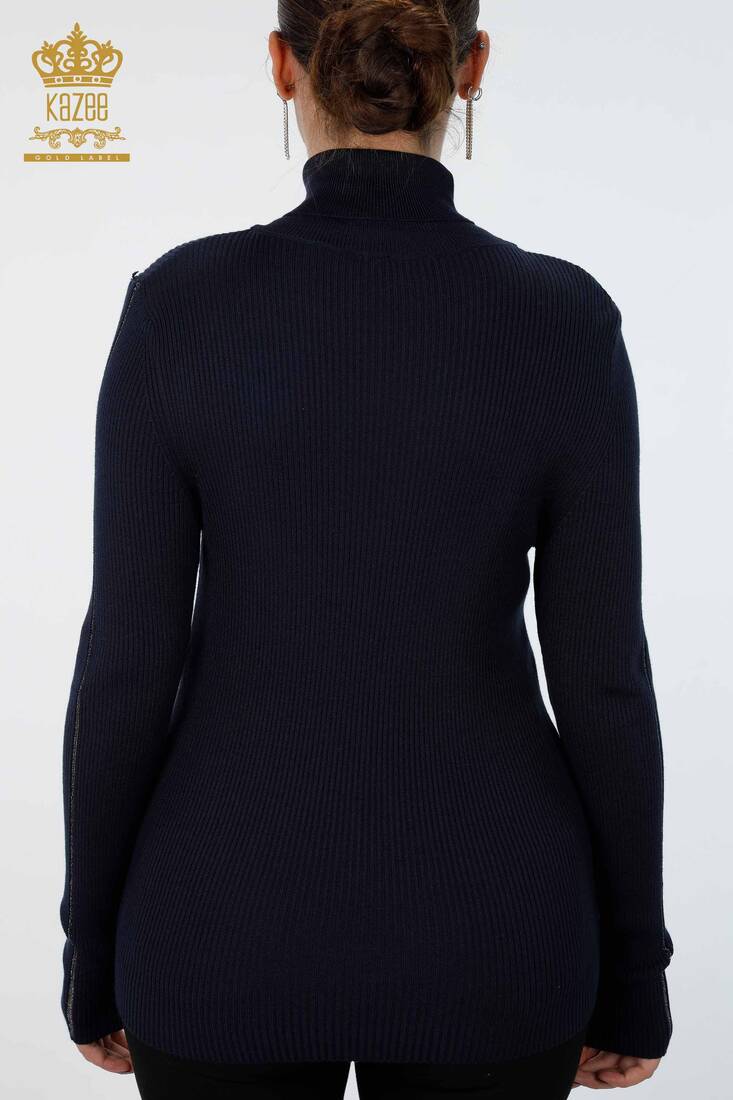 Womens Knitwear Arm Hole Detailed Turtleneck Striped Navy - 16241 | KAZEE