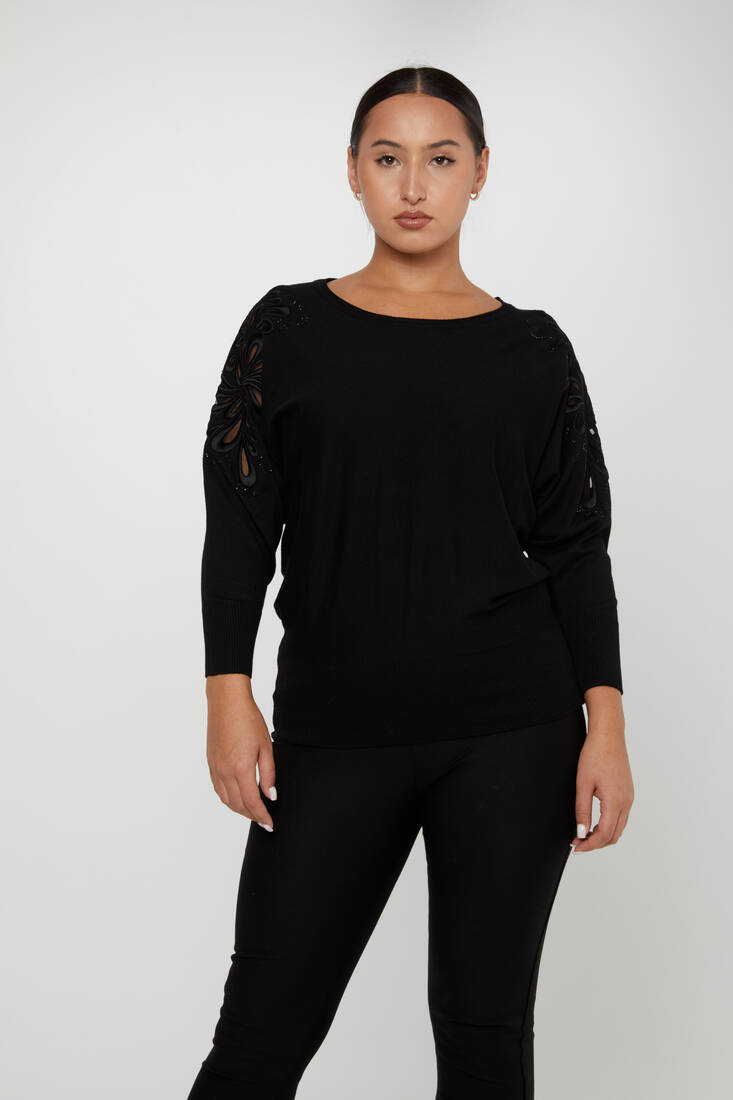 Women's Knitwear Sleeves Stone Embroidered Black - 30931 | KAZEE