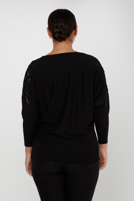 Women's Knitwear Sleeves Stone Embroidered Black - 30931 | KAZEE - Thumbnail