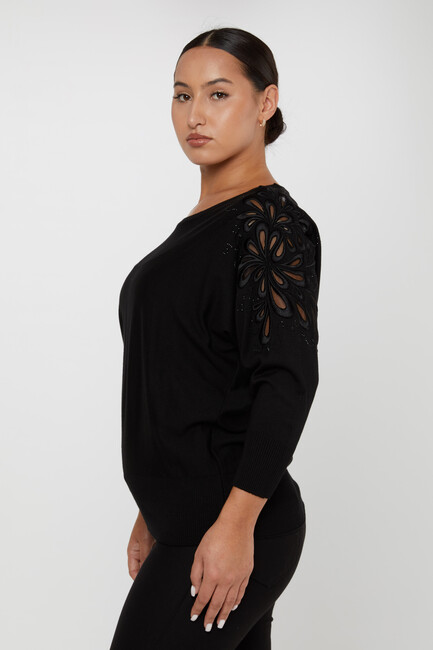 Women's Knitwear Sleeves Stone Embroidered Black - 30931 | KAZEE - Thumbnail