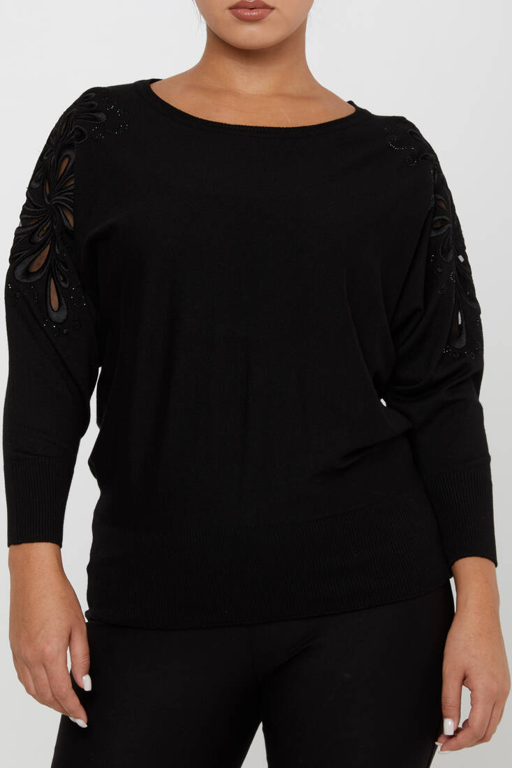 Women's Knitwear Sleeves Stone Embroidered Black - 30931 | KAZEE