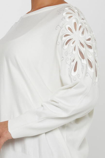 Women's Knitwear Sleeves Stone Embroidered Ecru - 30931 | KAZEE - Thumbnail