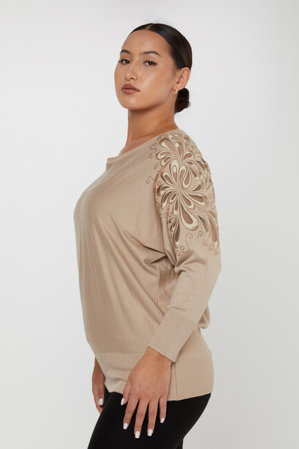 Women's Knitwear Mink with Stone Embroidered Sleeves - 30931 | KAZEE - Thumbnail