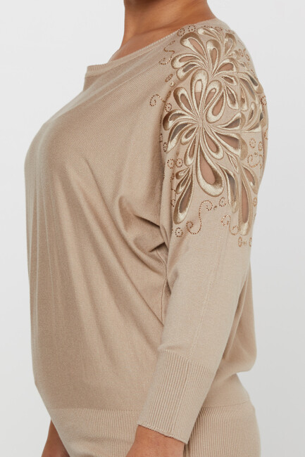 Women's Knitwear Mink with Stone Embroidered Sleeves - 30931 | KAZEE - Thumbnail