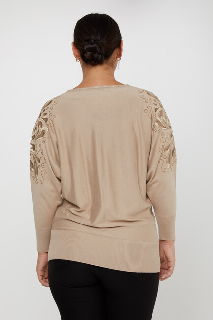 Women's Knitwear Mink with Stone Embroidered Sleeves - 30931 | KAZEE - Thumbnail