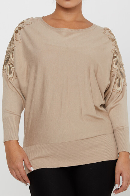 Women's Knitwear Mink with Stone Embroidered Sleeves - 30931 | KAZEE - Thumbnail