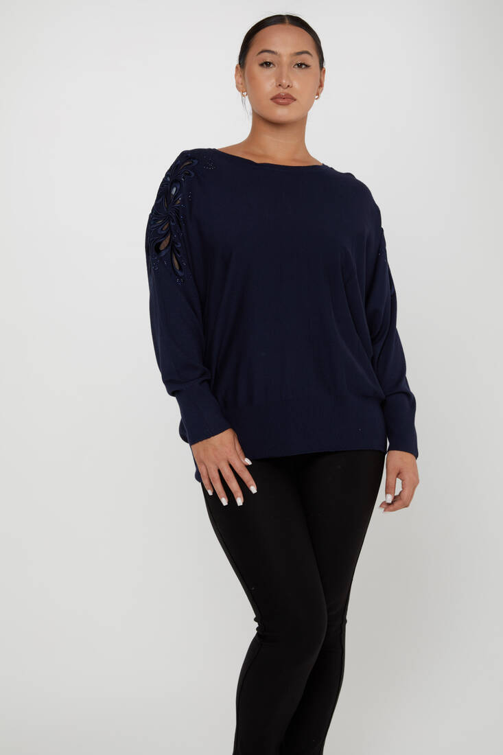 Women's Knitwear Embroidered Sleeves Stone Navy Blue - 30931 | KAZEE