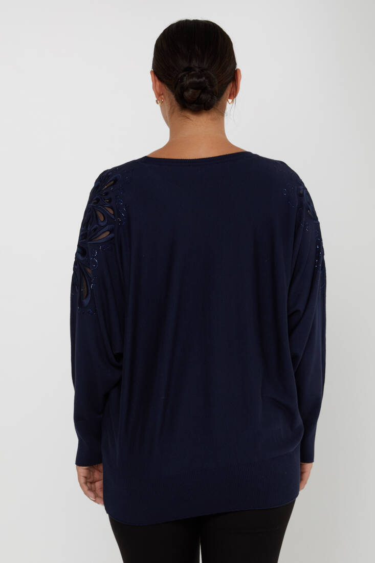 Women's Knitwear Embroidered Sleeves Stone Navy Blue - 30931 | KAZEE