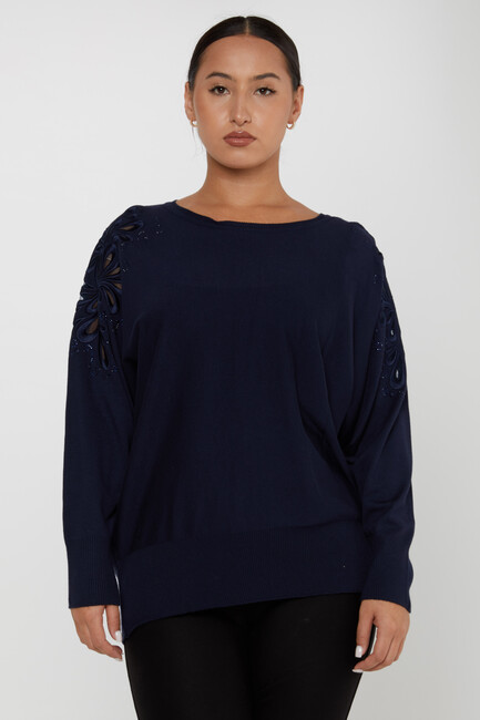 Women's Knitwear Embroidered Sleeves Stone Navy Blue - 30931 | KAZEE - Thumbnail