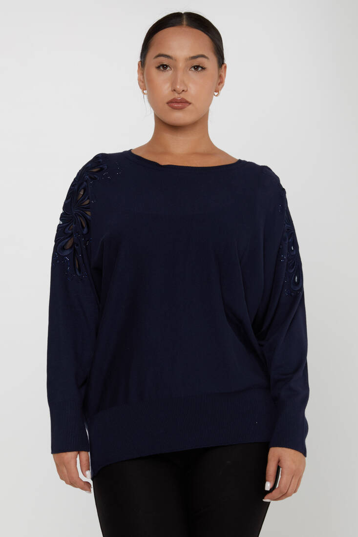 Women's Knitwear Embroidered Sleeves Stone Navy Blue - 30931 | KAZEE