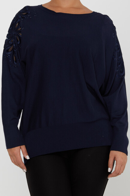 Women's Knitwear Embroidered Sleeves Stone Navy Blue - 30931 | KAZEE - Thumbnail