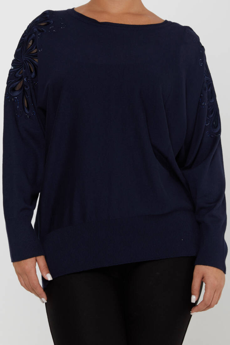 Women's Knitwear Embroidered Sleeves Stone Navy Blue - 30931 | KAZEE