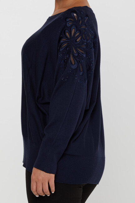 Women's Knitwear Embroidered Sleeves Stone Navy Blue - 30931 | KAZEE - Thumbnail