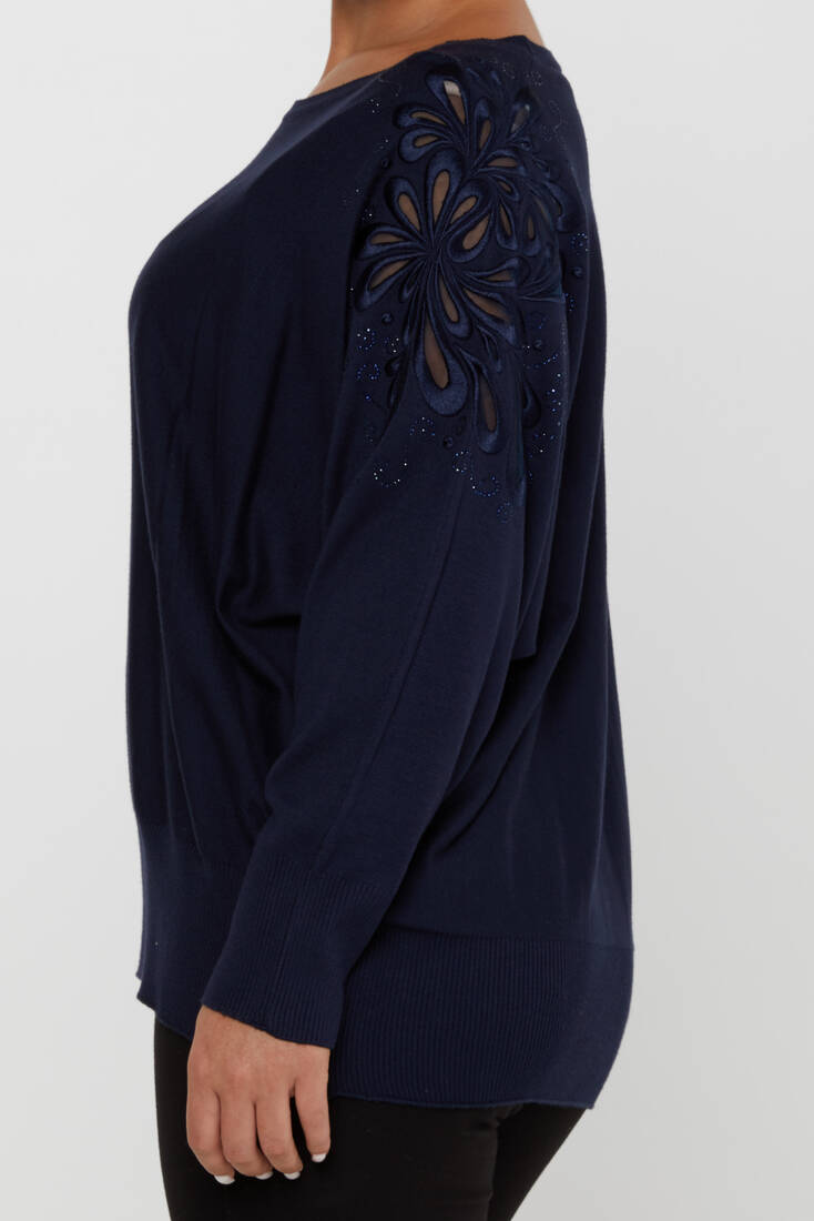 Women's Knitwear Embroidered Sleeves Stone Navy Blue - 30931 | KAZEE