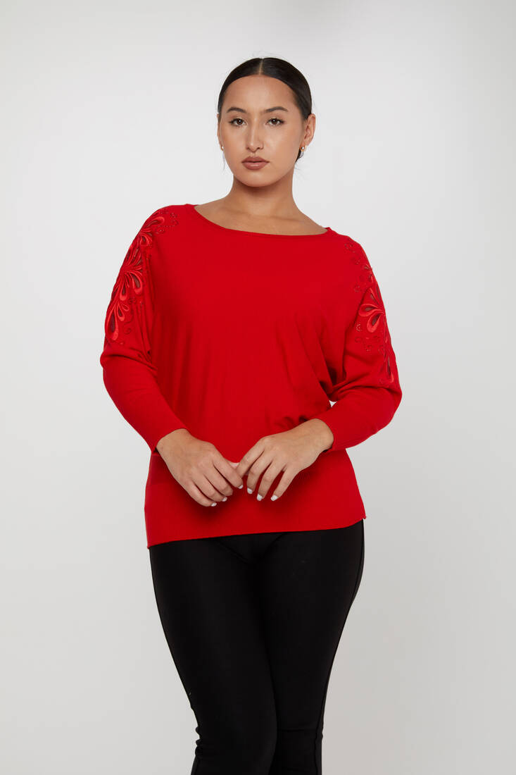 Women's Knitwear Sleeves Stone Embroidered Red - 30931 | KAZEE