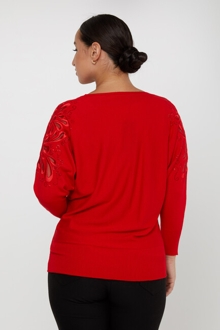 Women's Knitwear Sleeves Stone Embroidered Red - 30931 | KAZEE - Thumbnail