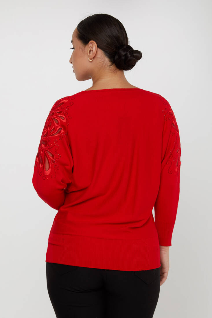 Women's Knitwear Sleeves Stone Embroidered Red - 30931 | KAZEE