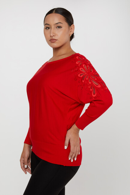 Women's Knitwear Sleeves Stone Embroidered Red - 30931 | KAZEE - Thumbnail