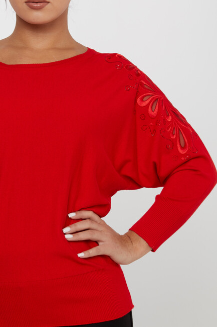 Women's Knitwear Sleeves Stone Embroidered Red - 30931 | KAZEE - Thumbnail