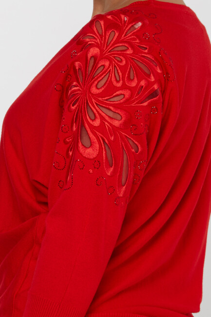 Women's Knitwear Sleeves Stone Embroidered Red - 30931 | KAZEE - Thumbnail