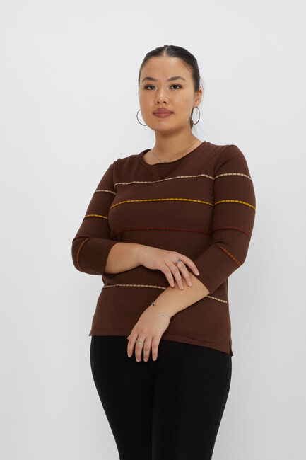 Women's Knitwear Slit Detailed Crew Neck Coffee-Camel - 31392 | KAZEE - Thumbnail